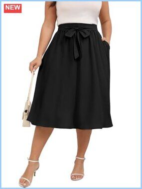 Plus Size Midi Skirt High Waisted Elastic Boho Swing with Pockets